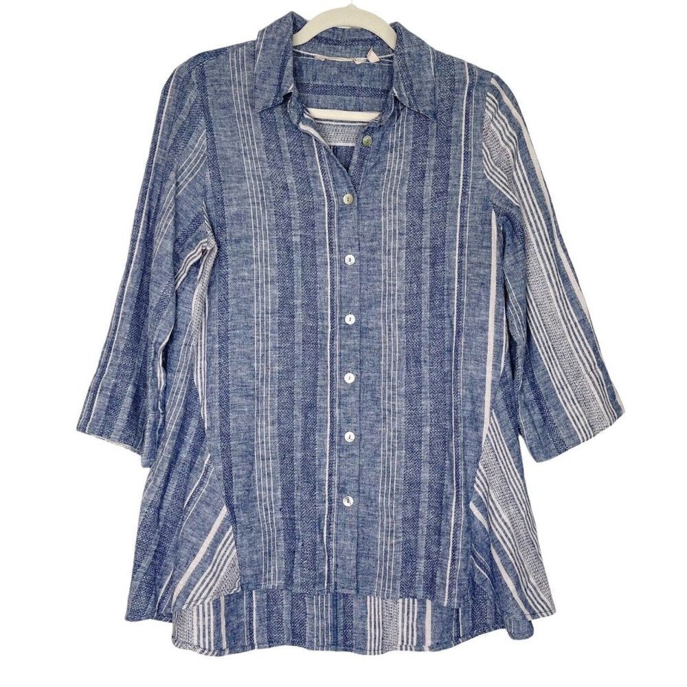 Soft Surroundings‎ Linen Tunic Top Womens Size Small Blue Stripe Button Down